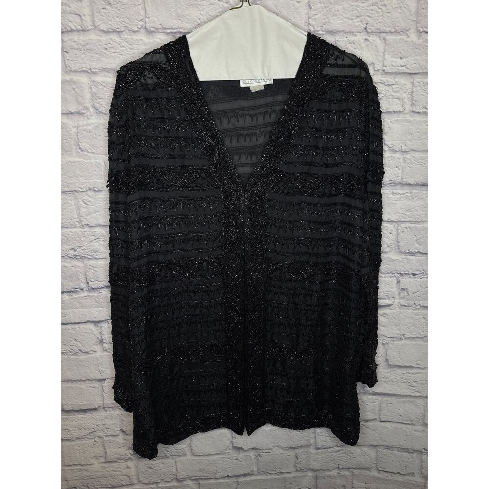 BlackTie Oleg Cassini Black Fully Beaded Cardigan Blouse Single Hook Closure MED